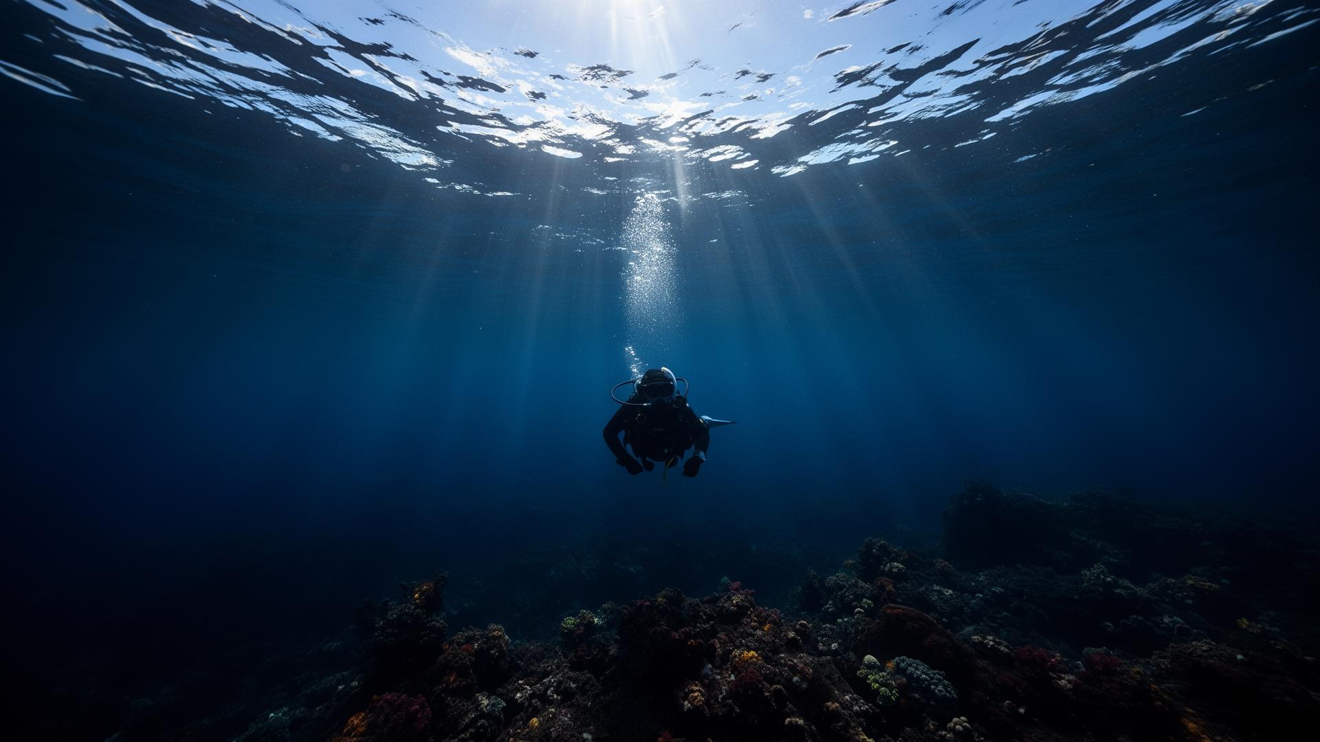 Diver descending in clear Atlantic water off Tenerife