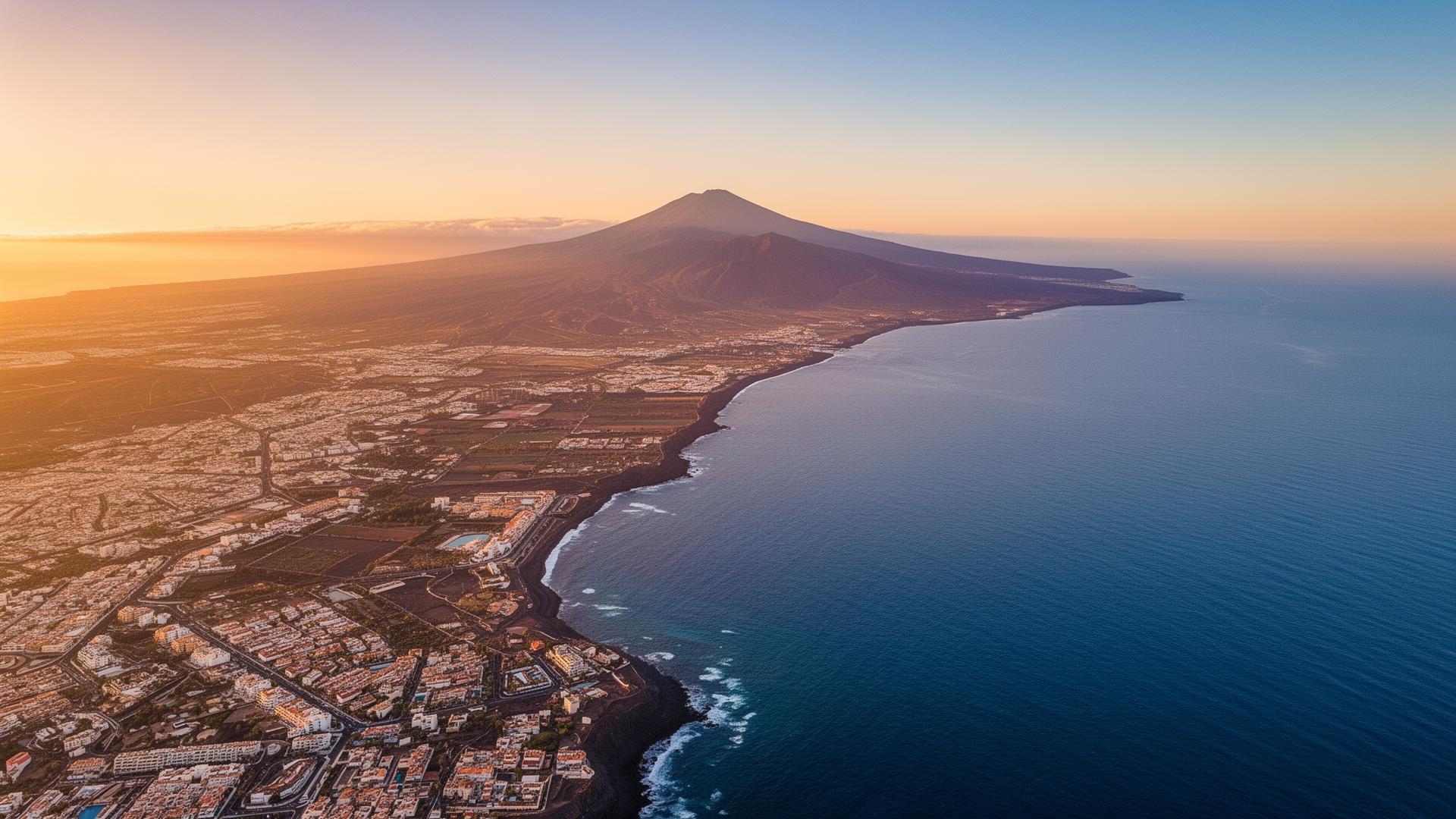Aerial sunset view of the Tenerife coast and Teide volcano